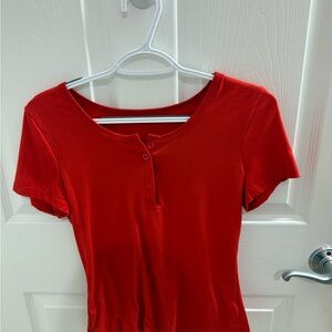 Red Short-Sleeve Henley Women's Top